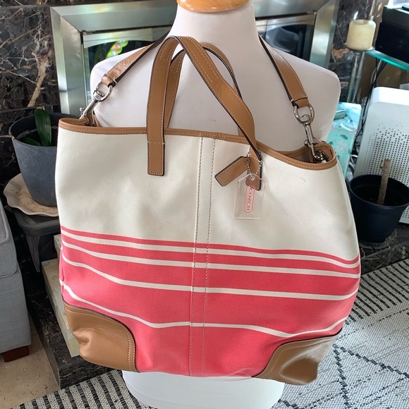 BNWOT Hadley Variegated Striped Duffle Coral Canvas Leather Bag by COACH - Picture 1 of 15